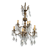 Grand lustre ancien à 9 feux, bronze et pampilles taillées, angelots, style