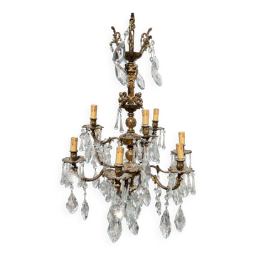Large antique chandelier with 9 lights, bronze and cut glass pendants, cherubs, style