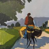 Mid-Century Modern "Rider on the Road" Swedish Vintage Street Scene Oil Painting, Framed