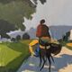 Peinture à l’huile suédoise de scène de rue « Rider on the Road » milieu XXème, encadrée