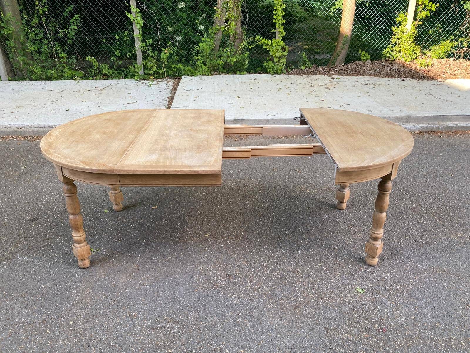 Extendable round farmhouse dining table renovated in raw oak 160cm 20th century