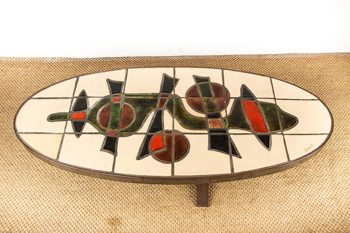 Table basse Française, Acier Chromé et Céramique par Barrois Vallauris 1960