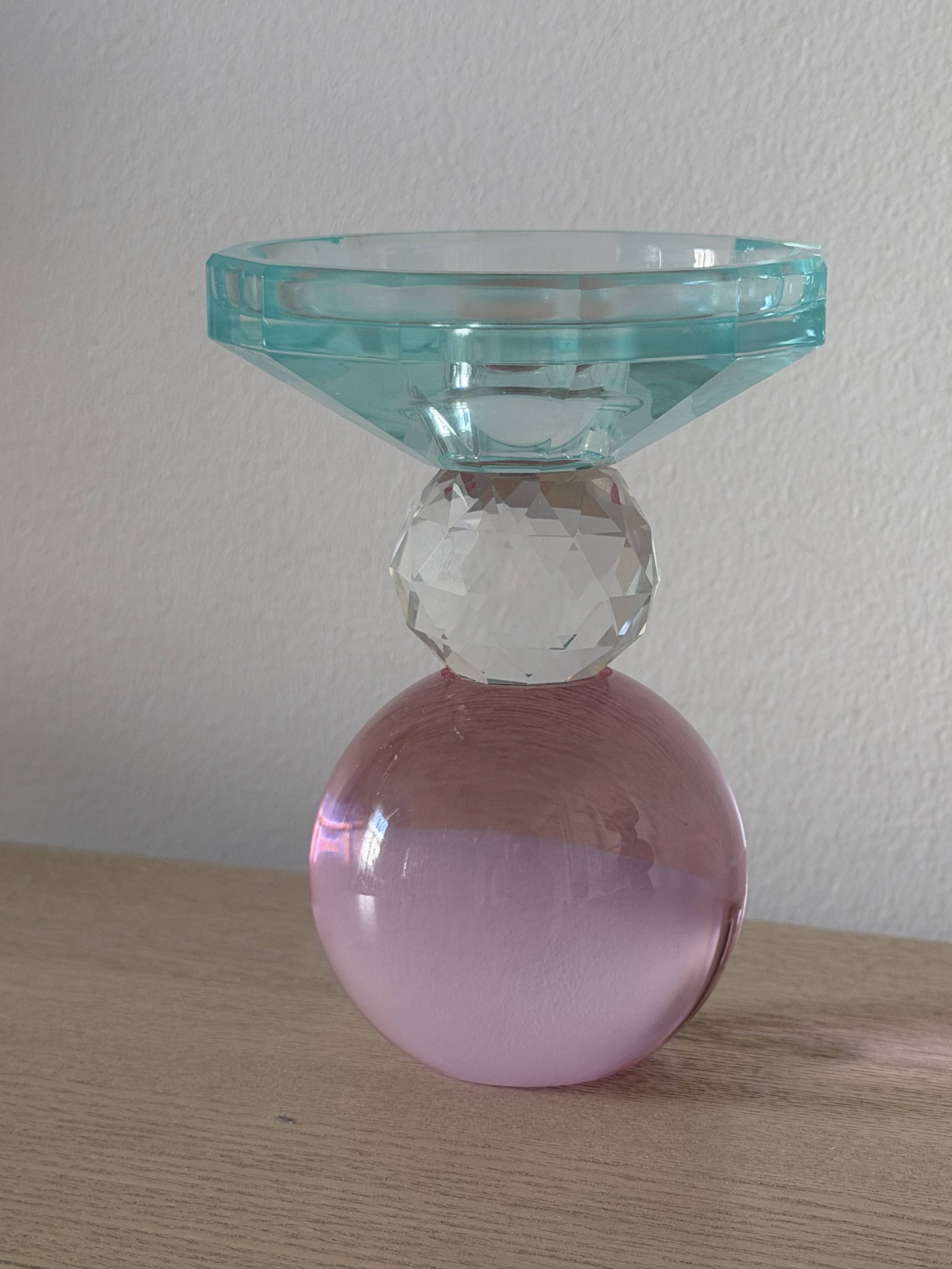 Sculptural candle holder in frosted pink and blue glass