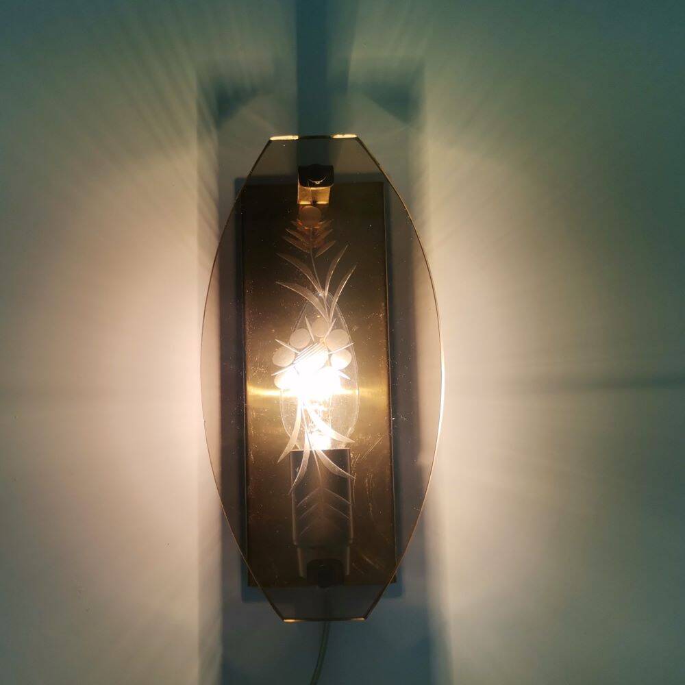 Set of 3 smoked glass and brass wall sconce lamps