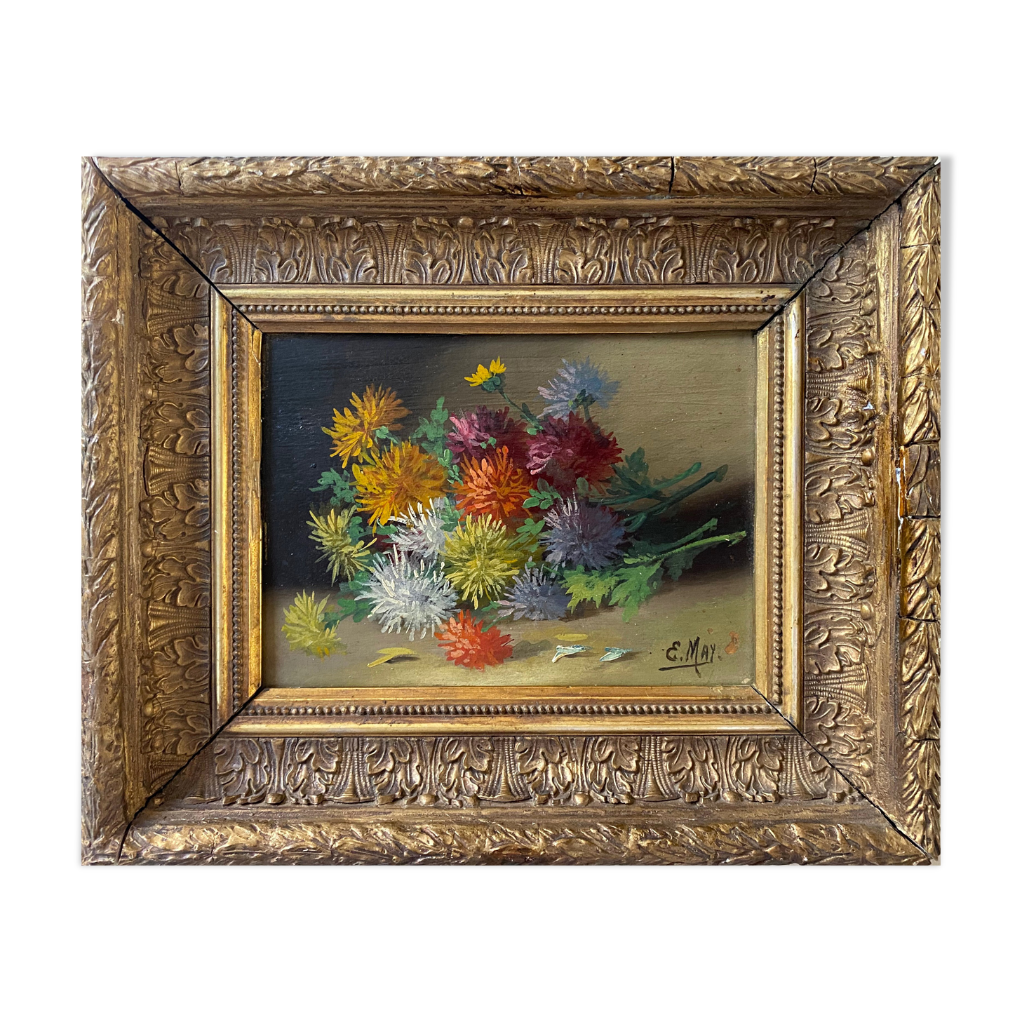 Nineteenth century painting HSP "Jetty of flowers" signed E. May + frame