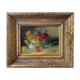 Nineteenth century painting HSP "Jetty of flowers" signed E. May + frame