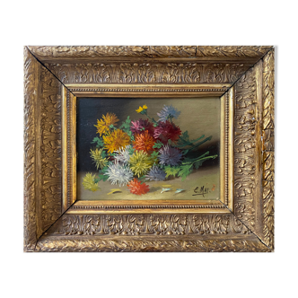 Nineteenth century painting HSP "Jetty of flowers" signed E. May + frame