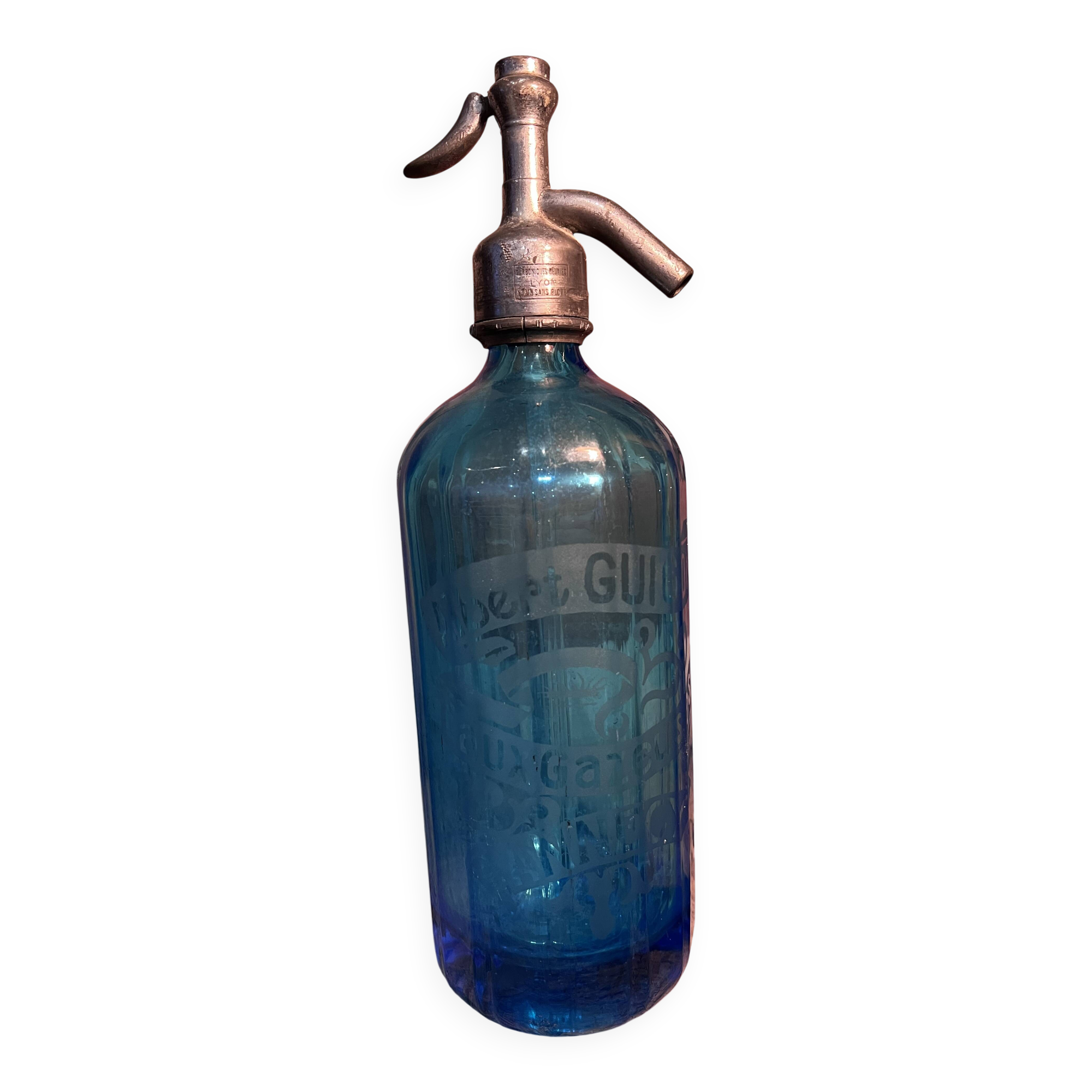 Siphon Albert Guigon Annecy with a blue pan, siphon for sparkling seltzer water.