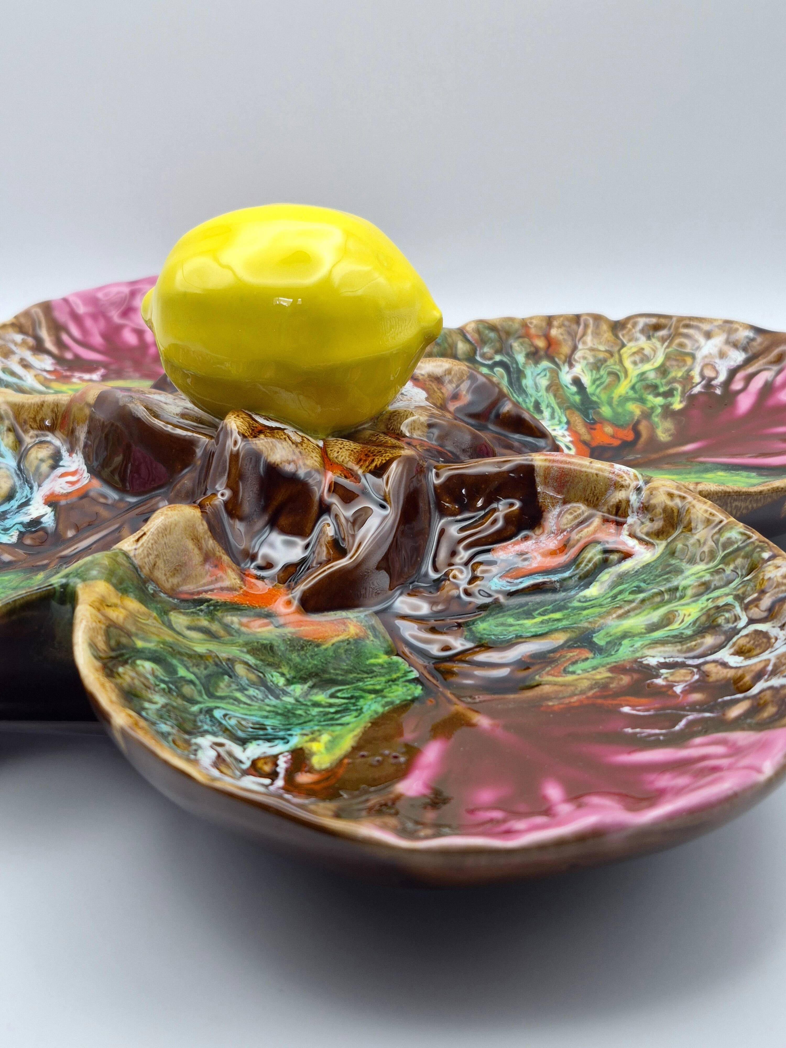Vintage Vallauris A.M. plate – quadrilobed enamelled bowl with lemon – 50s