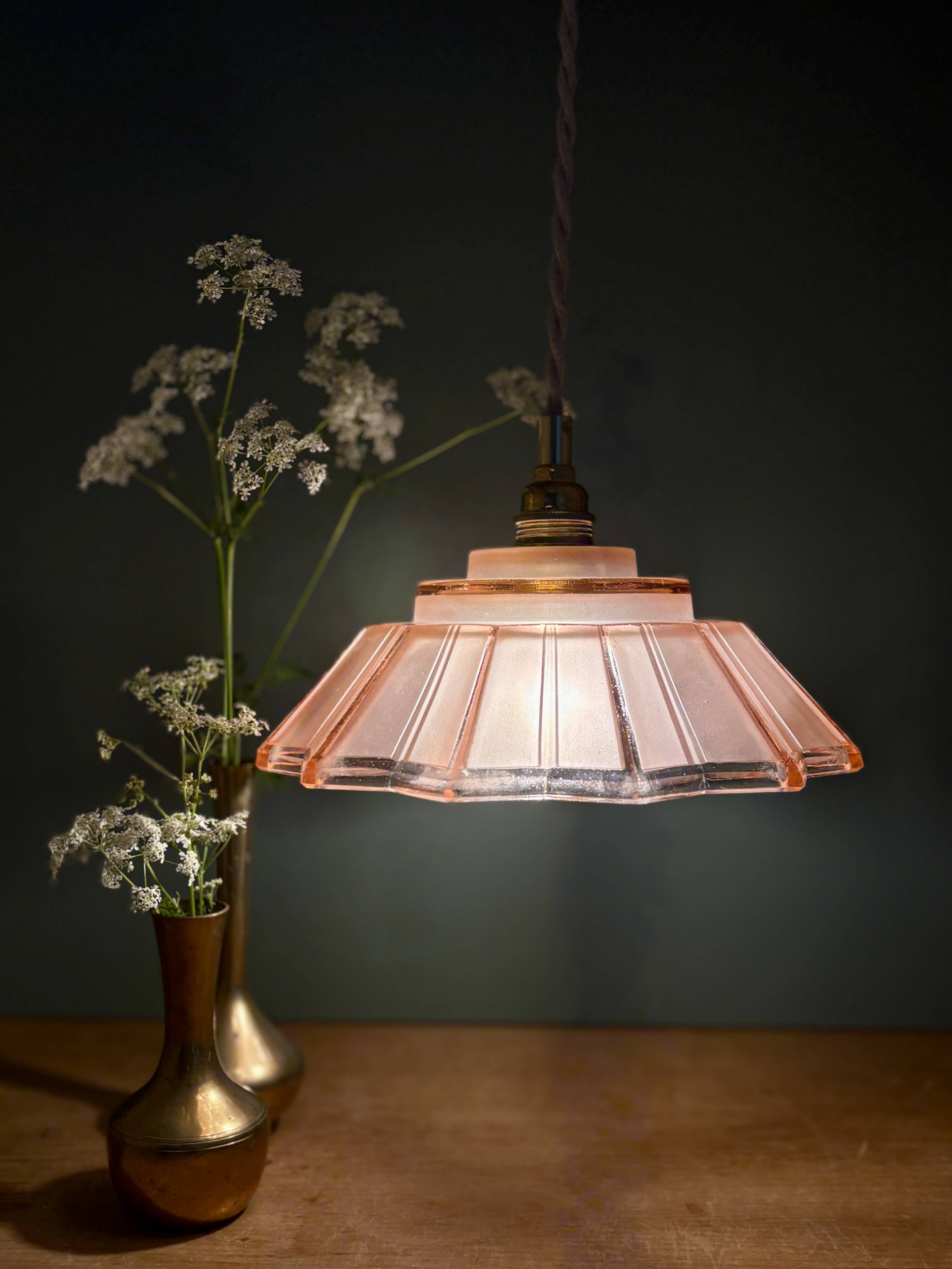 suspension vintage art deco lampshade in frosted pink glass