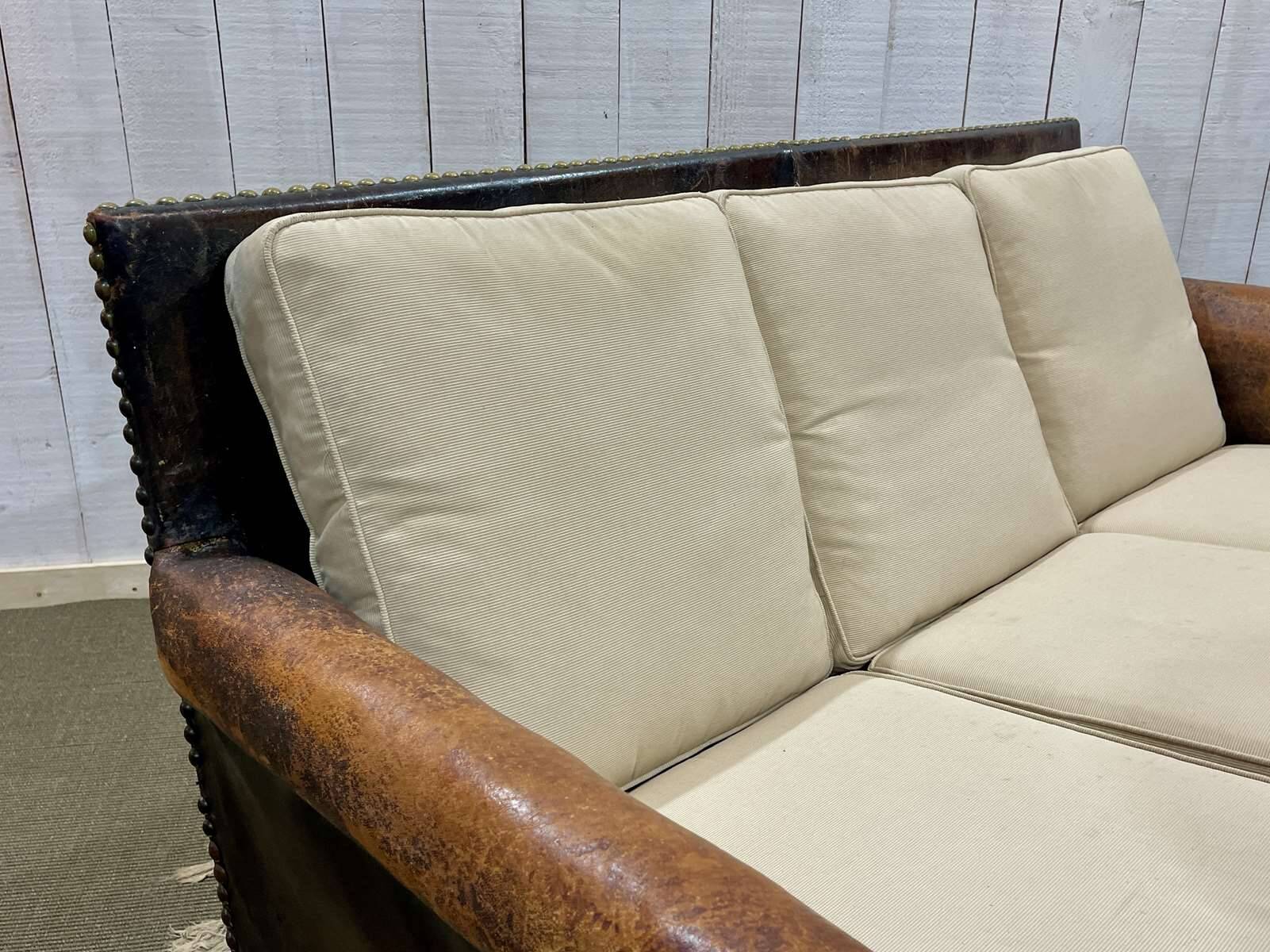 Early 20th century leather club sofa - seat and back in modern fabric