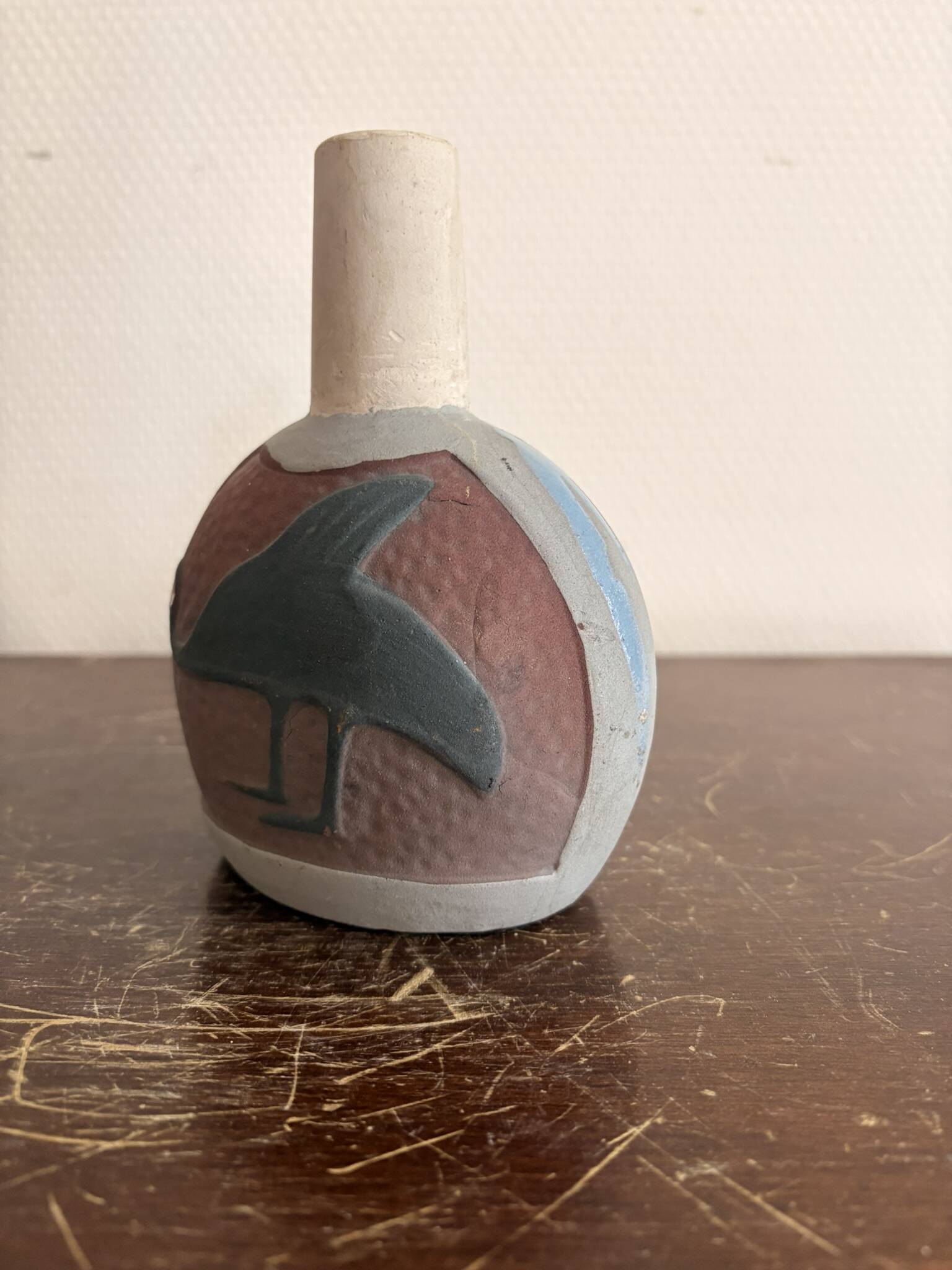 Ancien Vase Bouteille Méplate céramique Sud Américain Pré Colombien Oiseau