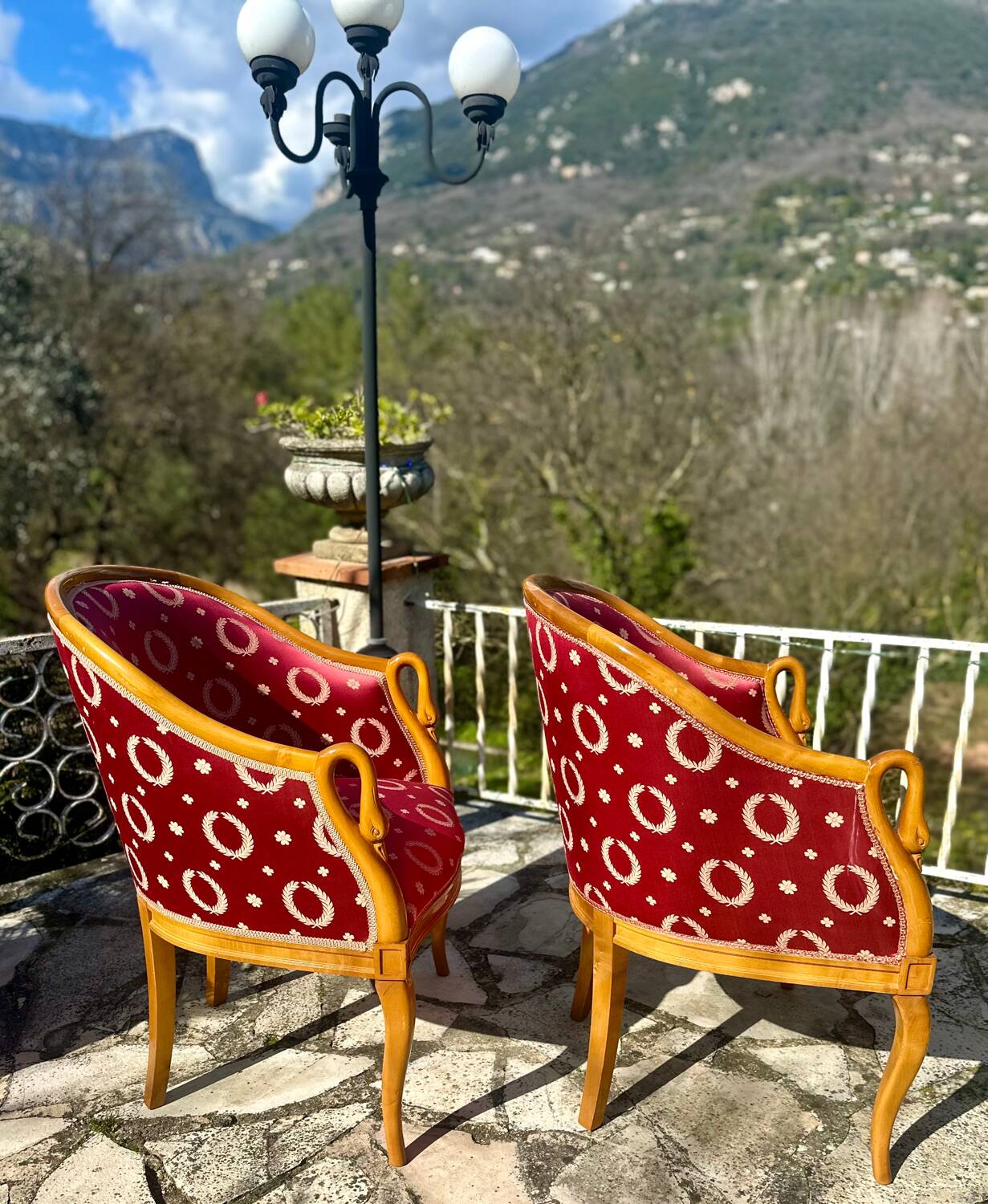 Pair of Empire style swan-neck bergère armchairs