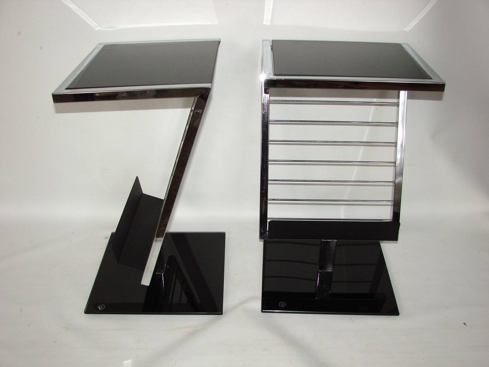 2 side tables, bedside tables in black glass and chrome metal, 1980