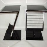 2 side tables, bedside tables in black glass and chrome metal, 1980