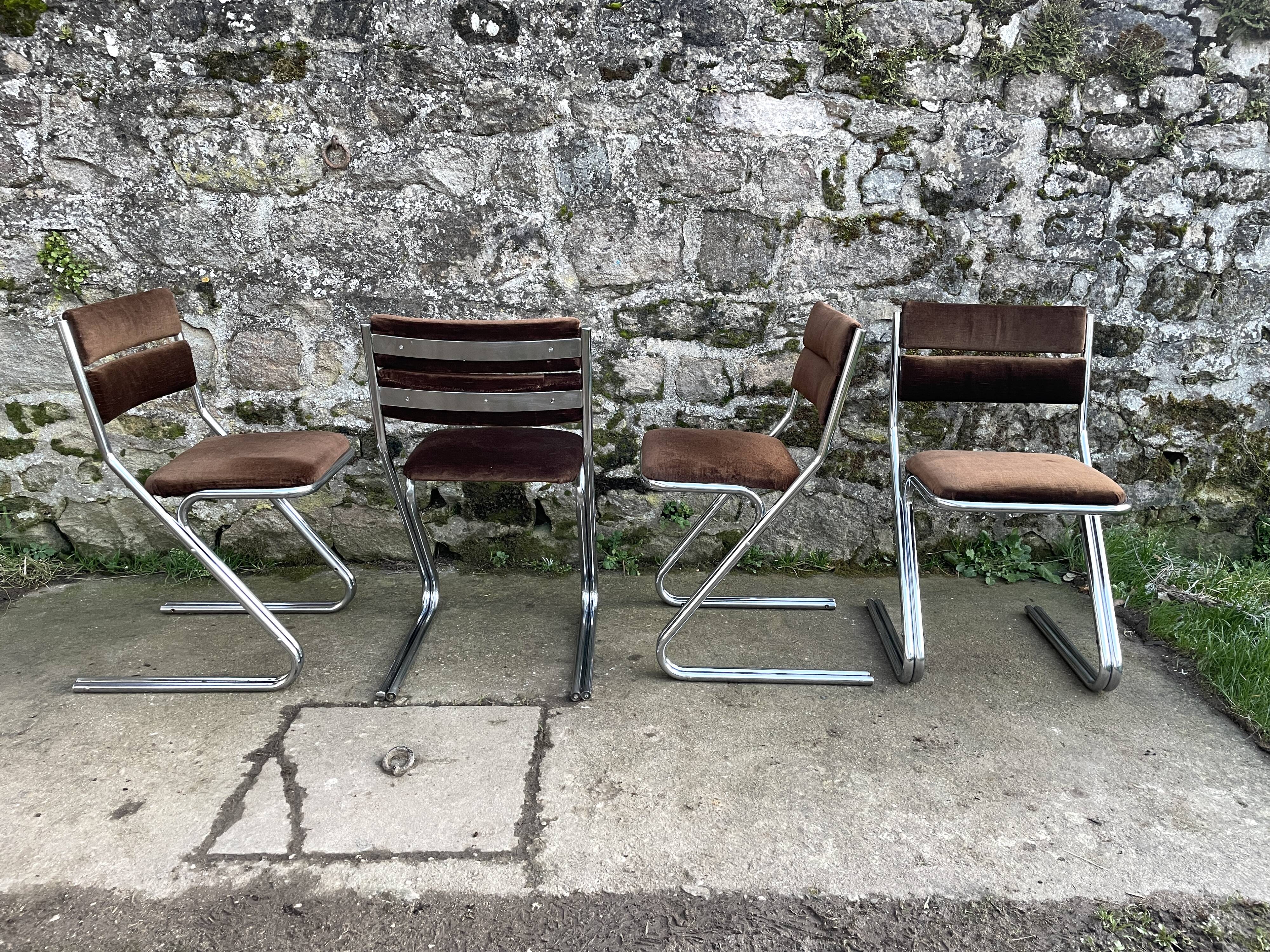 Set of 4 brown velvet zigzag chairs 1970