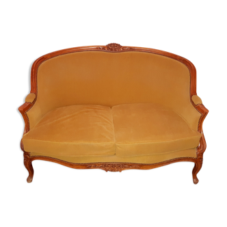 Canapé banquette style Louis XV jaune, 2 places