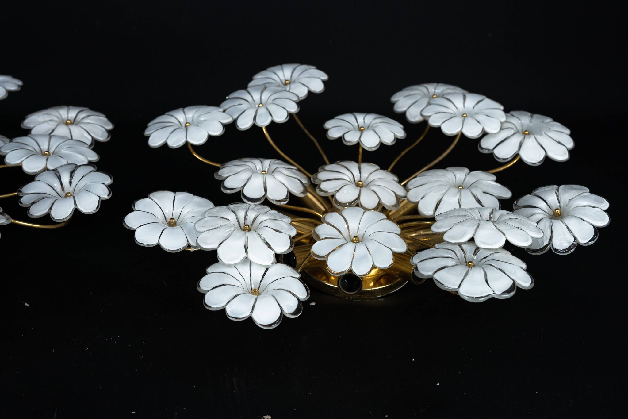 Pair of Murano white flower ceiling lamps. Italy 1980s