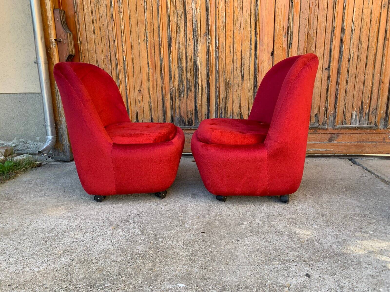 Set of 2 Mid-Century armchairs in purple velvet, 1950s Czech Republic.