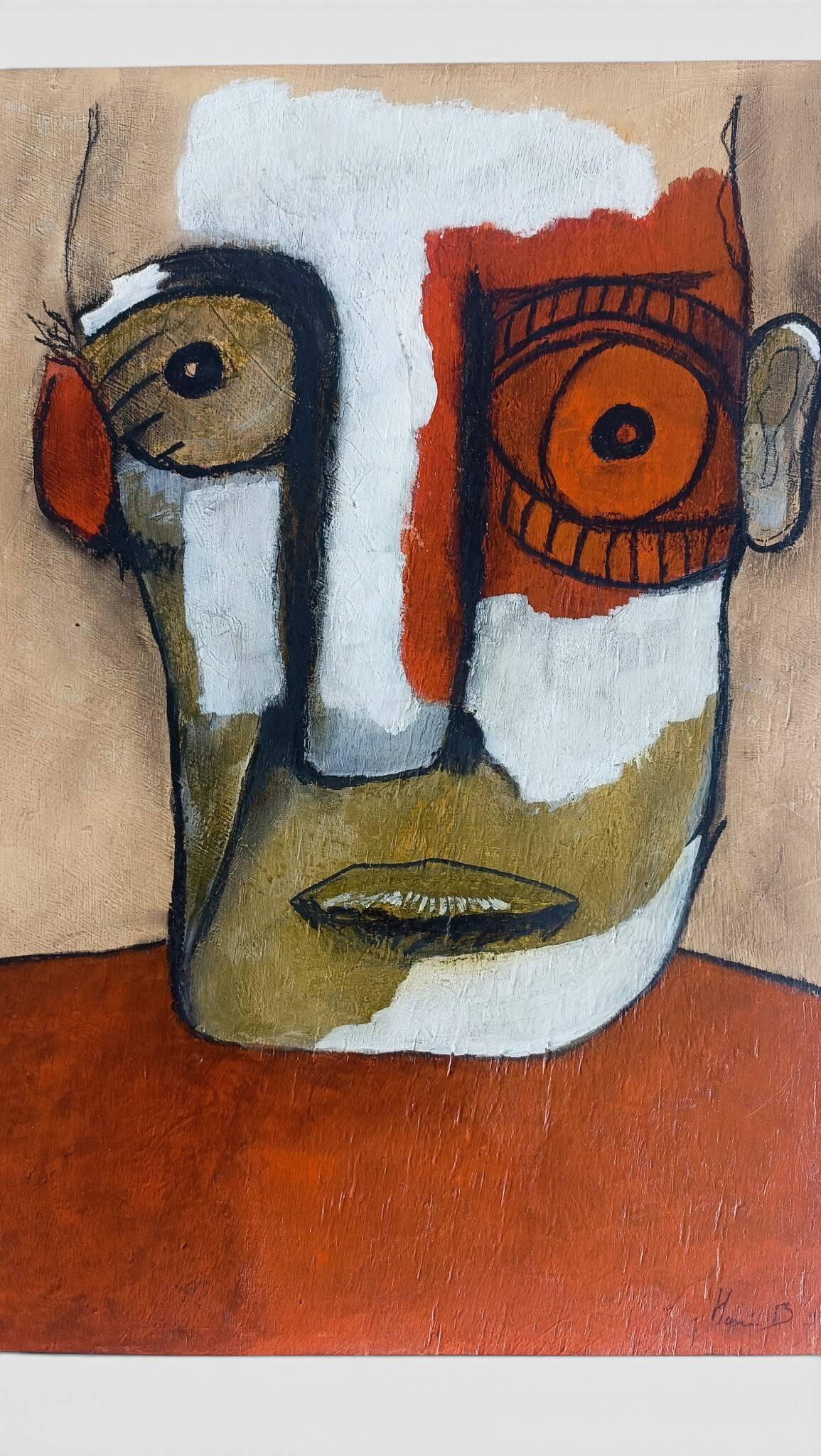 Abstract neo-primitive French portrait painting, mixed media on panel, 1999