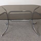 Table ovale italienne en métal chromé tubulaire et verre fumé, années 60-70