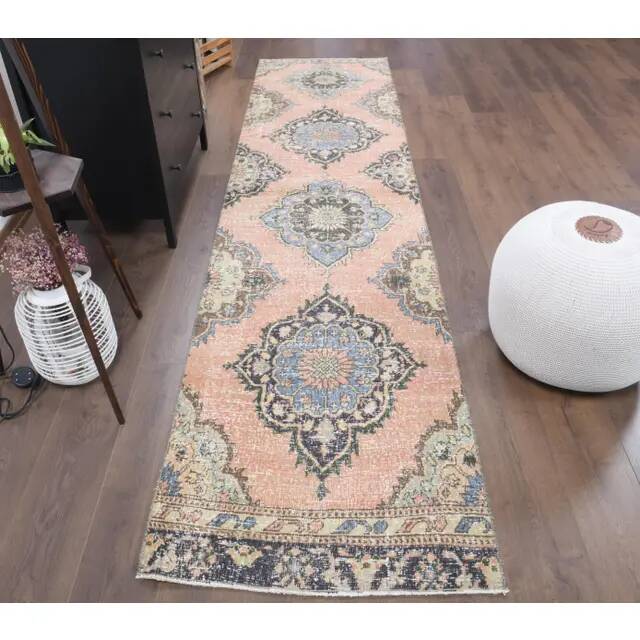 Vintage Turkish Oushak Handmade Wool Cotton Orange Runner 81x345