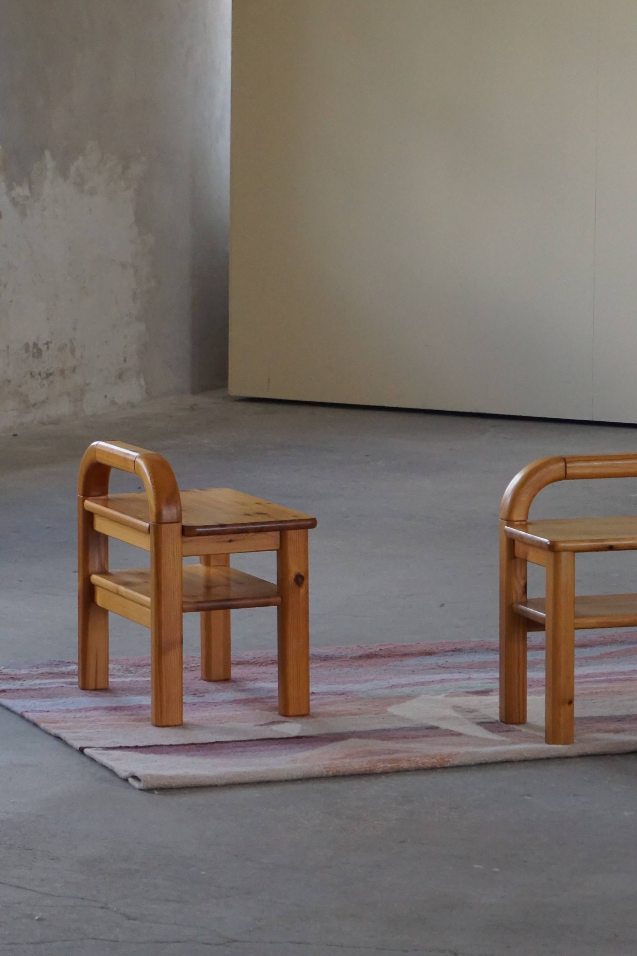 Pair of Mid Century Brutalist Night Stands in Solid Pine, 1970s, Made in Sweden