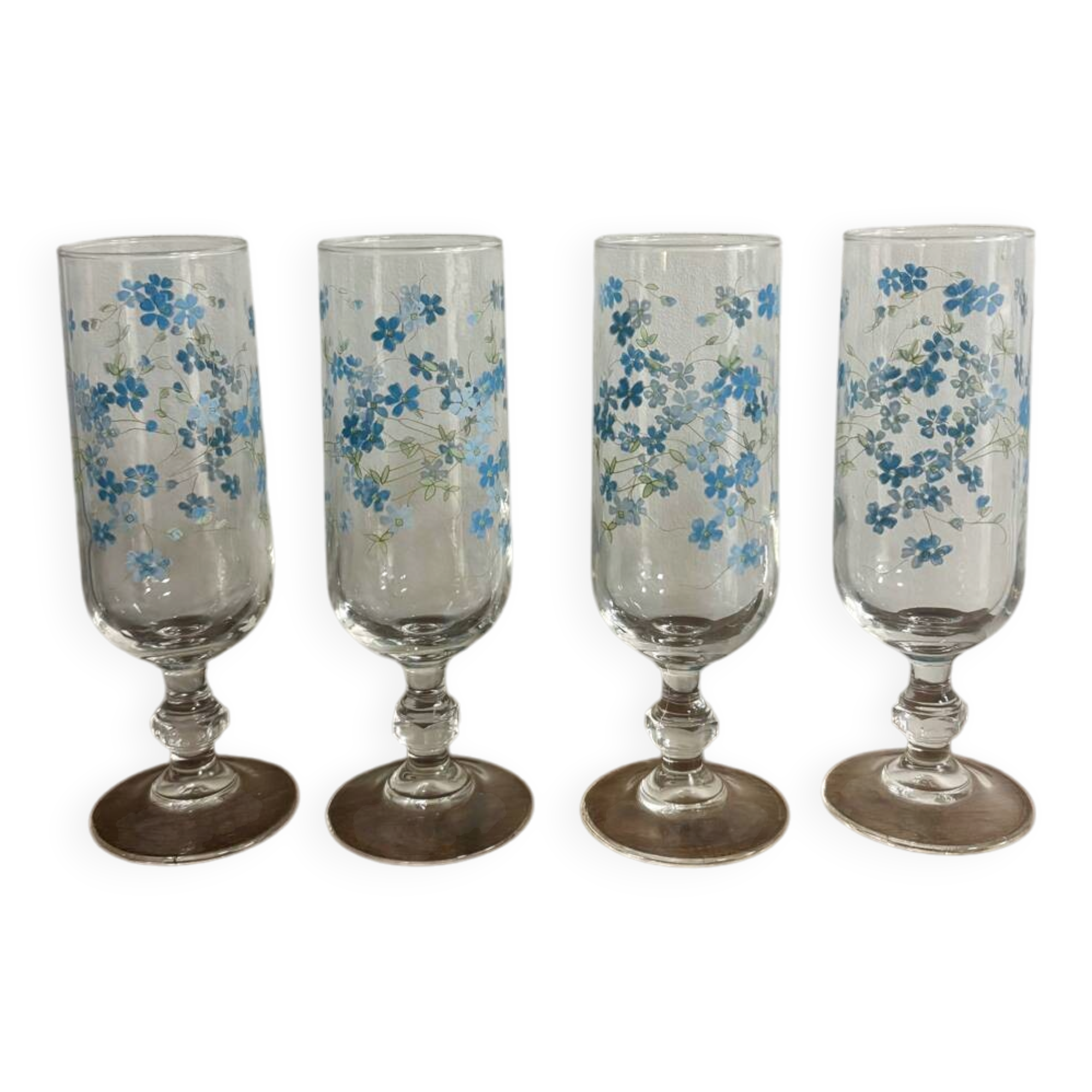 Vintage set of 4 champagne flutes Véronica myosotis