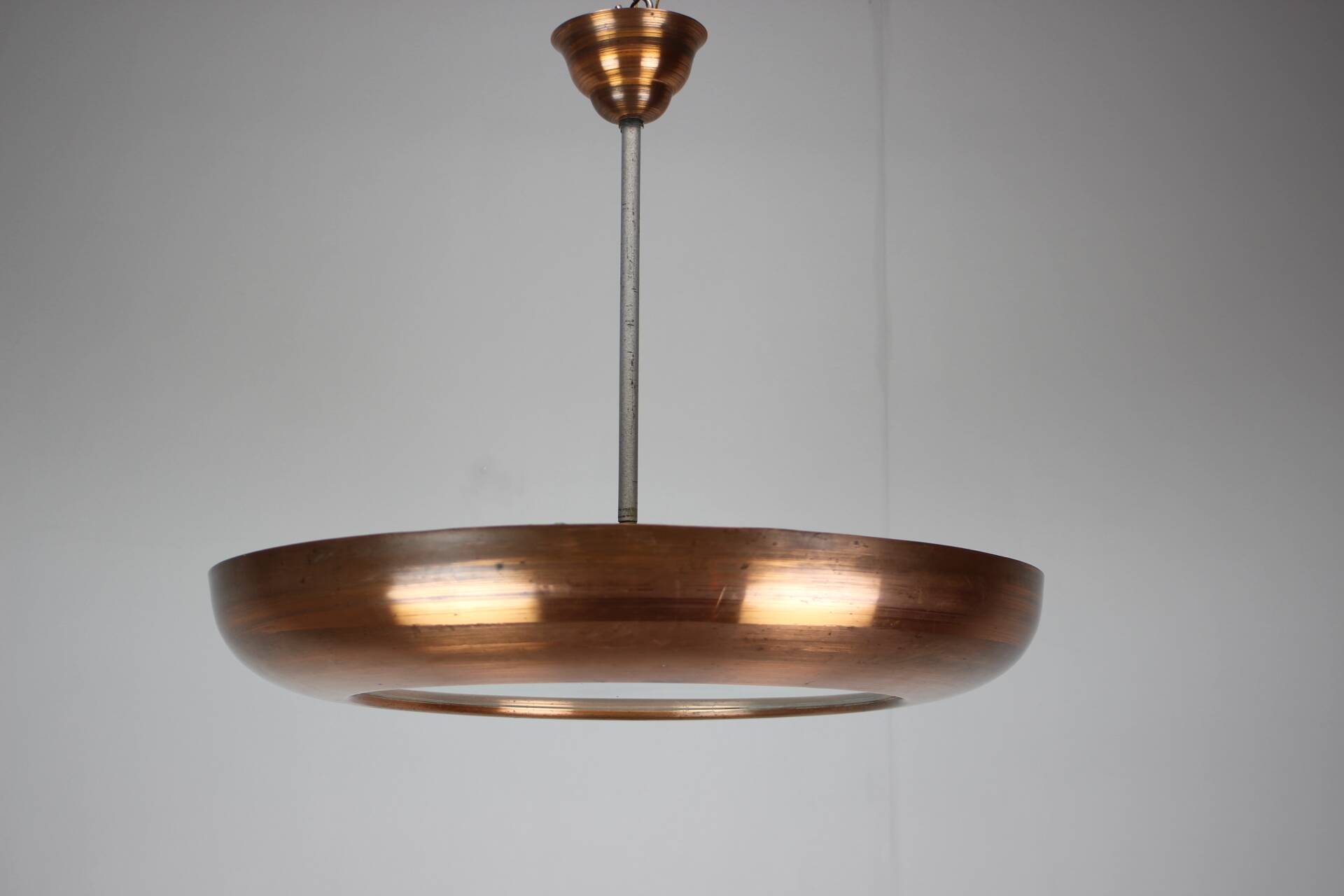 Large Art Deco Copper UFO Hanging Lamp, Czechoslovakia, 1930s