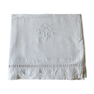 Drap ancien en lin brodé