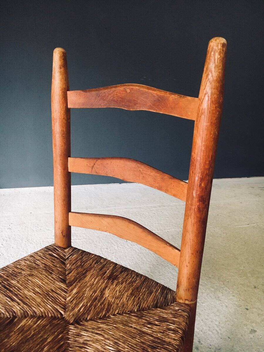 Low rustic ladder back dining chairs in oak and rush, Belgium, 1950s, set of 6.