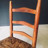 Low rustic ladder back dining chairs in oak and rush, Belgium, 1950s, set of 6.
