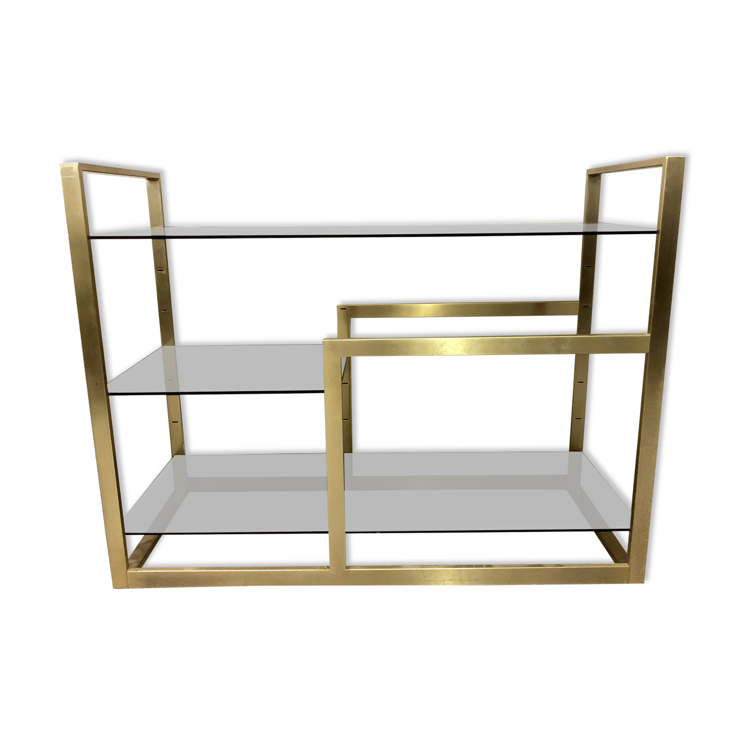 Console / étagère vintage en laiton doré et verre fumé des années 50