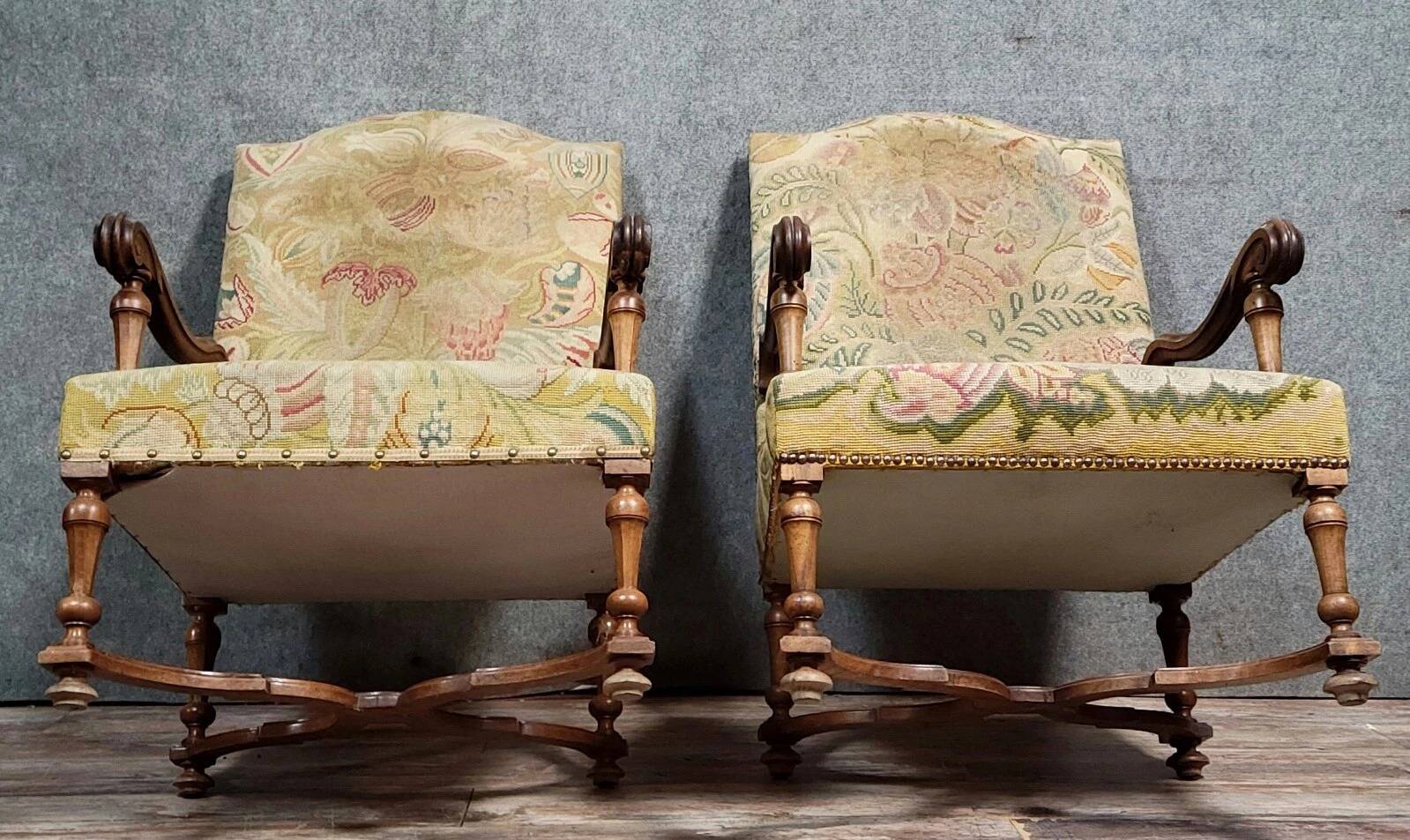 Pair of Louis XIII style walnut armchairs circa 1850 (lot no. 2)