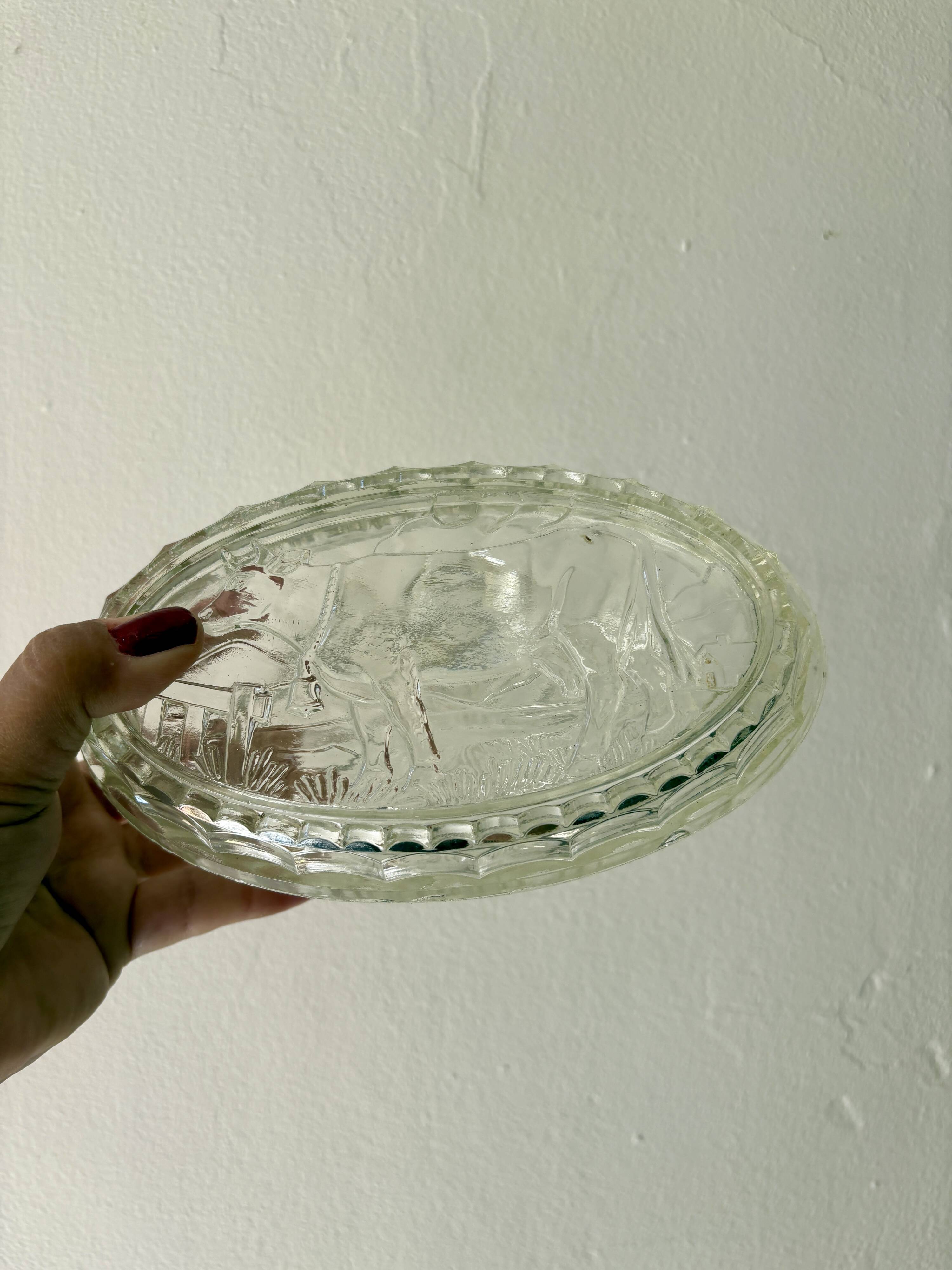 Vintage glass butter dish with cow decorations