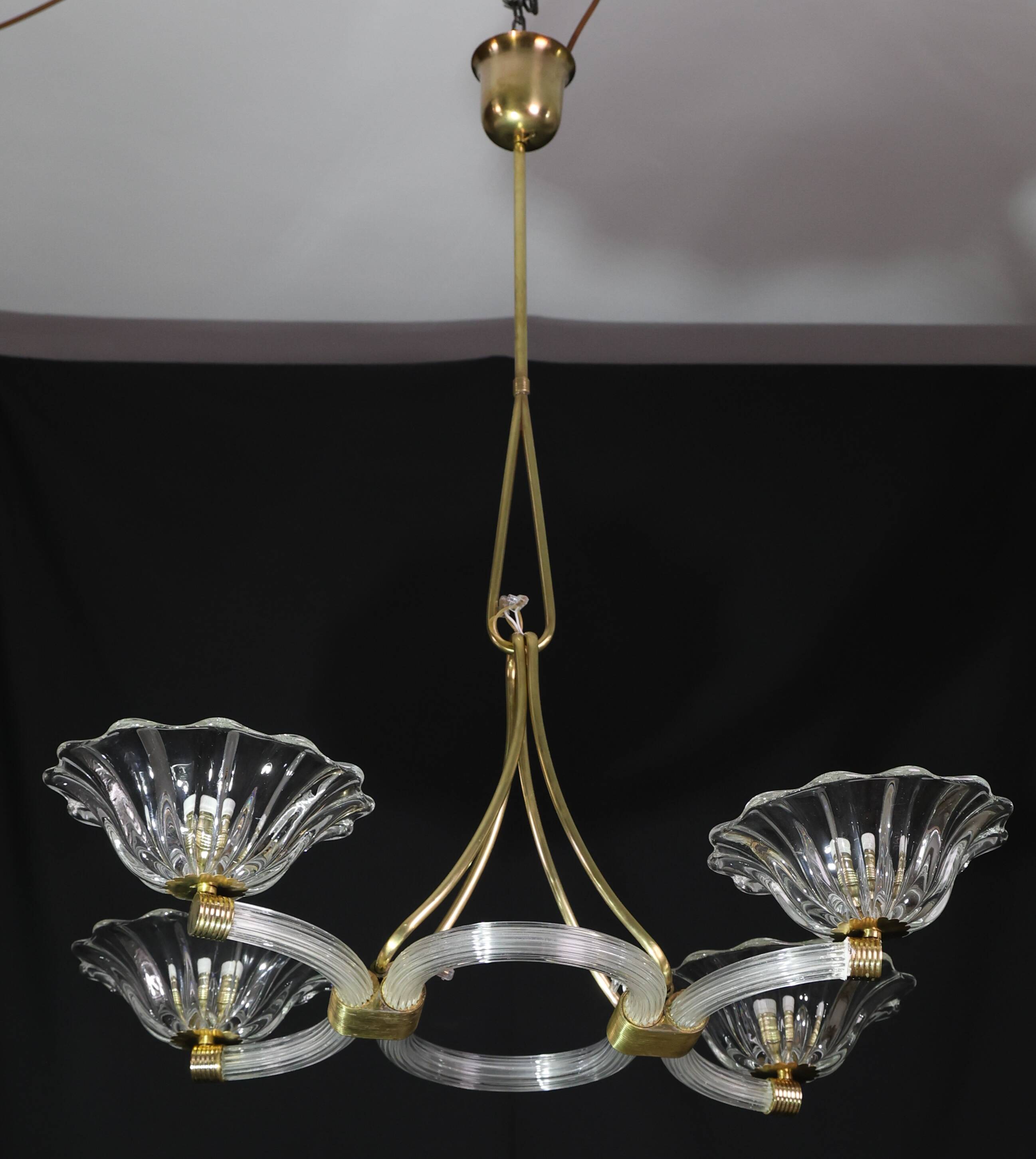 Extraordinary Art Deco Murano Glass and Bronze Chandelier by Barovier&Toso, 1950