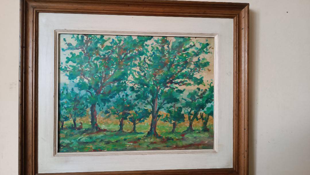 Peinture à l'huile sur panneau isorel paysage boisé signée et datée