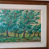 Peinture à l'huile sur panneau isorel paysage boisé signée et datée