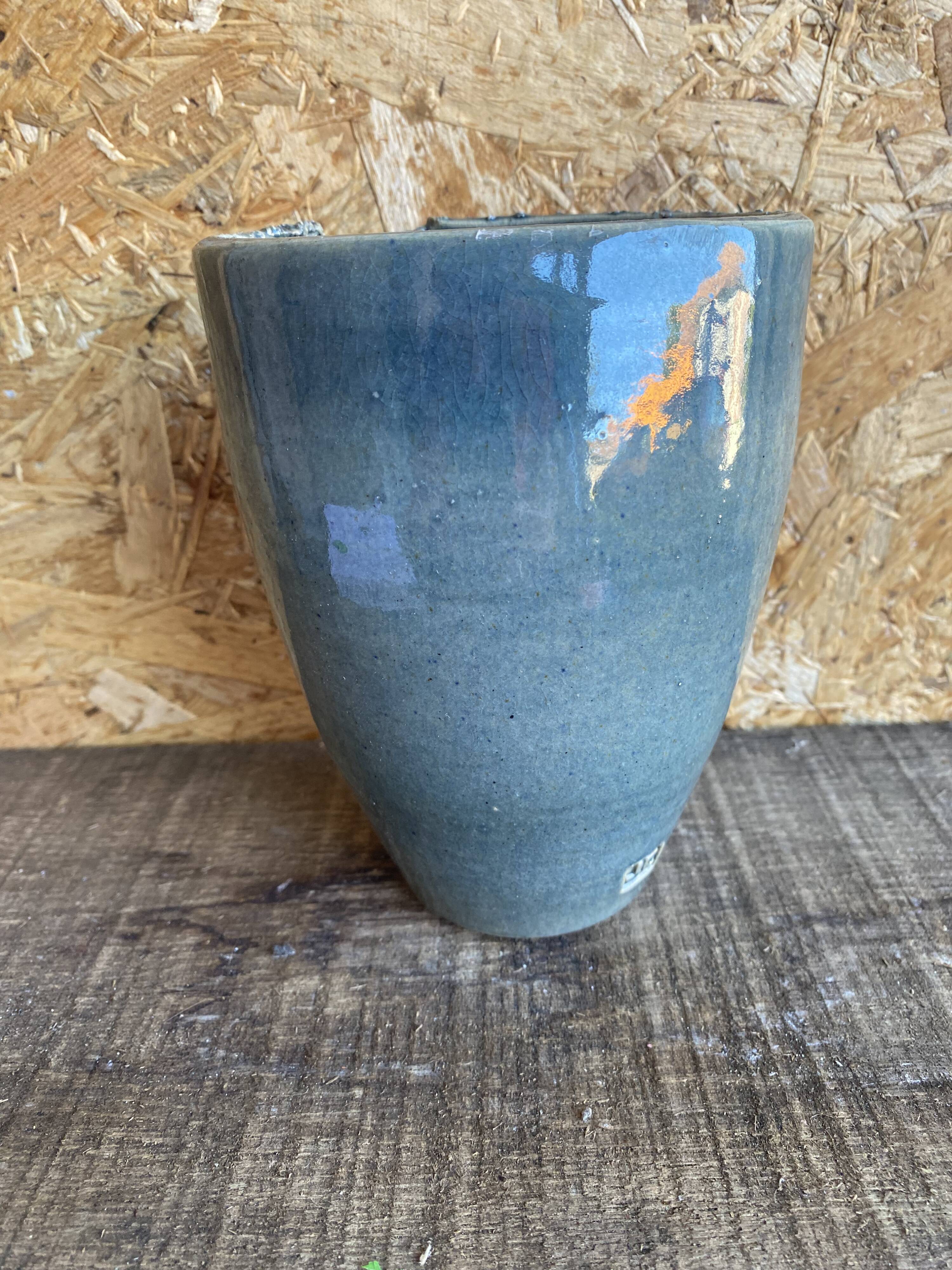 Ancient Vase JACKY COVILLE Glazed Stoneware Blue Vintage #D987