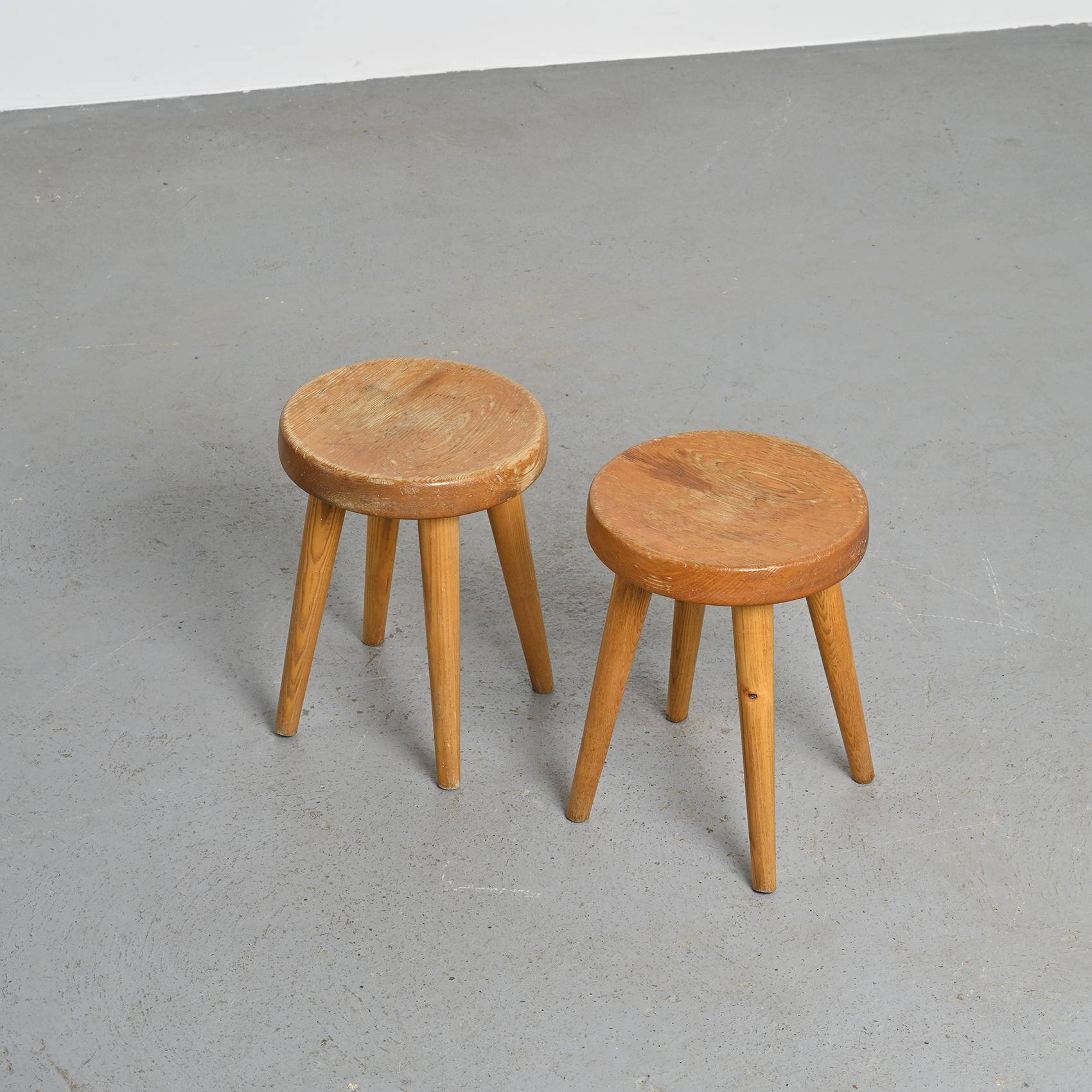 Pair of pine stools by René Martin, France, circa 1965