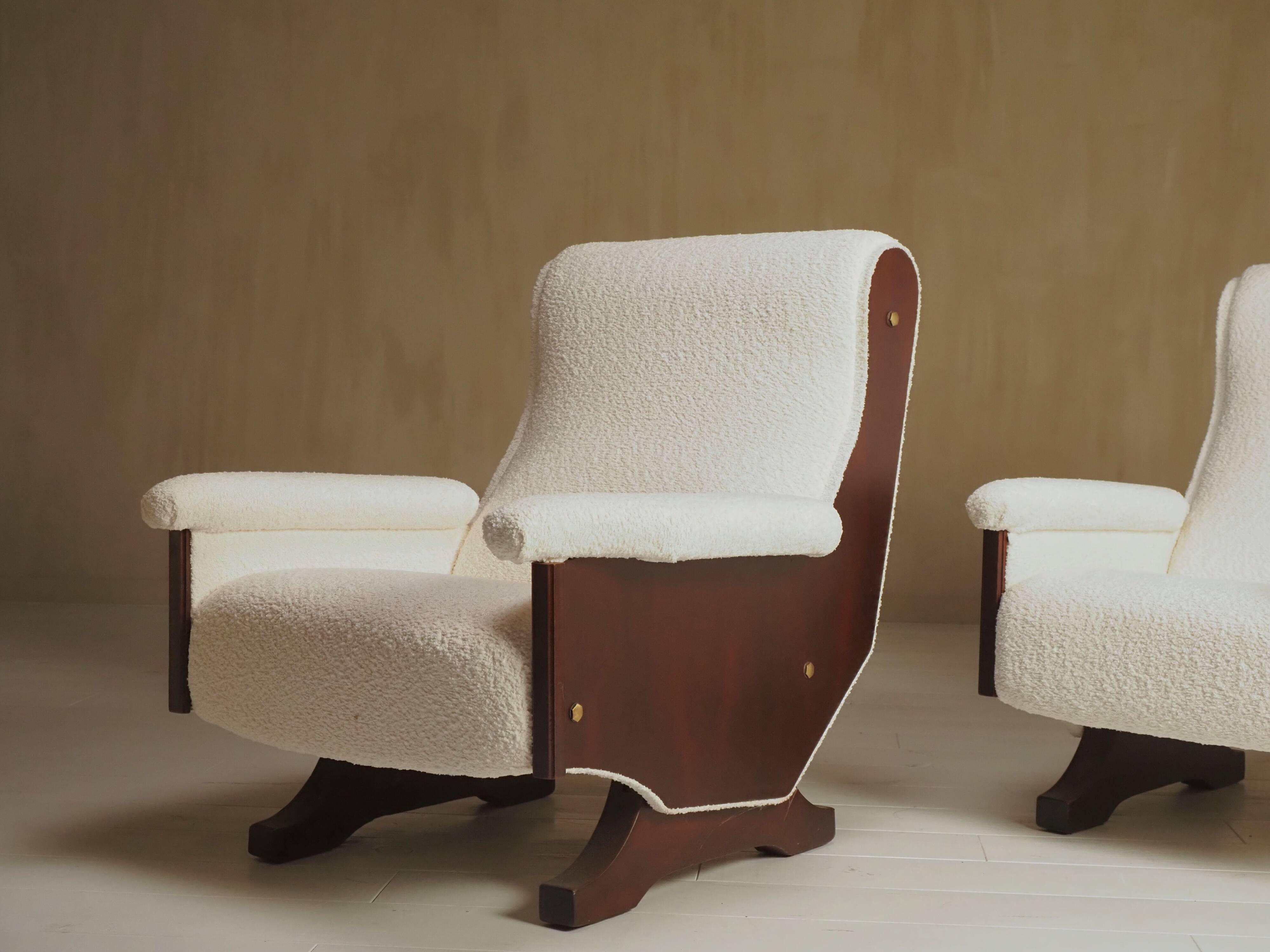 Pair of 1960s Italian Modern Walnut and Boucle Armchairs