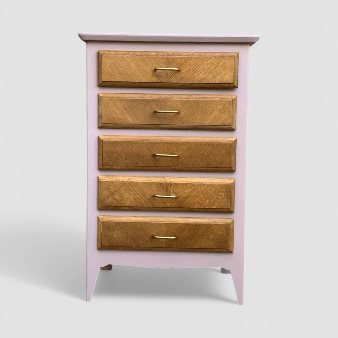 Vintage powder pink compass leg chest of drawers from the 1950s