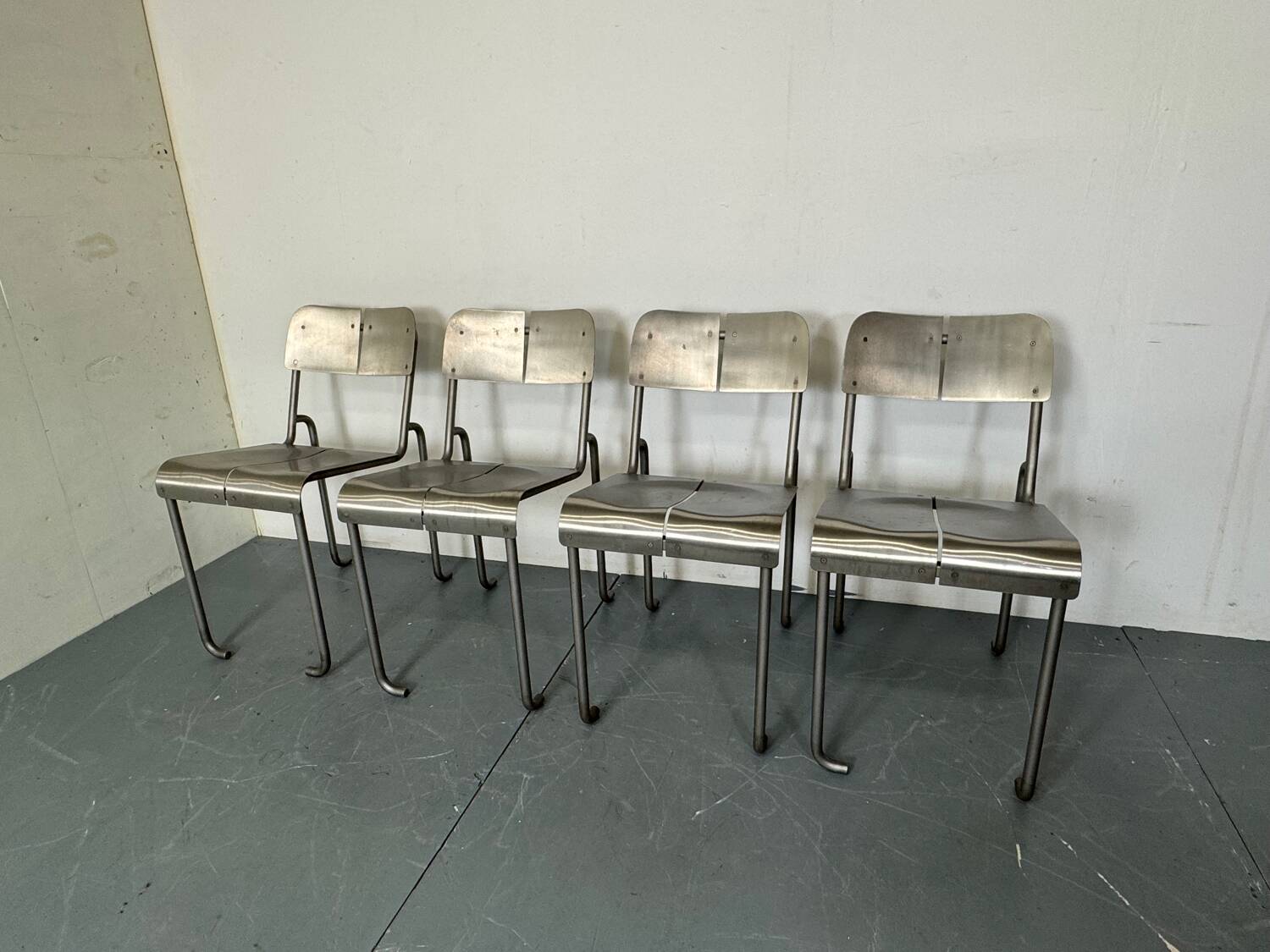 Memphis Architectural Stainless Steel French Dining Chairs, 1980s Set of 4