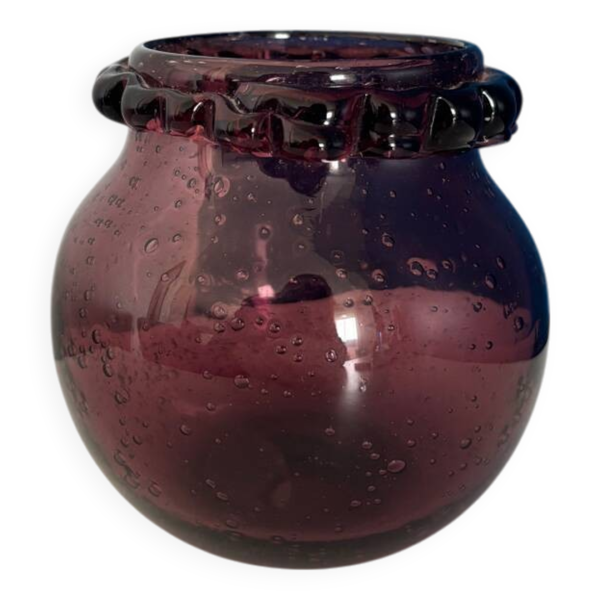 petit vase boule violet en verre bullé vintage signé biot