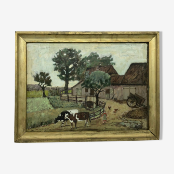 Tableau ancien , cour de ferme années 60