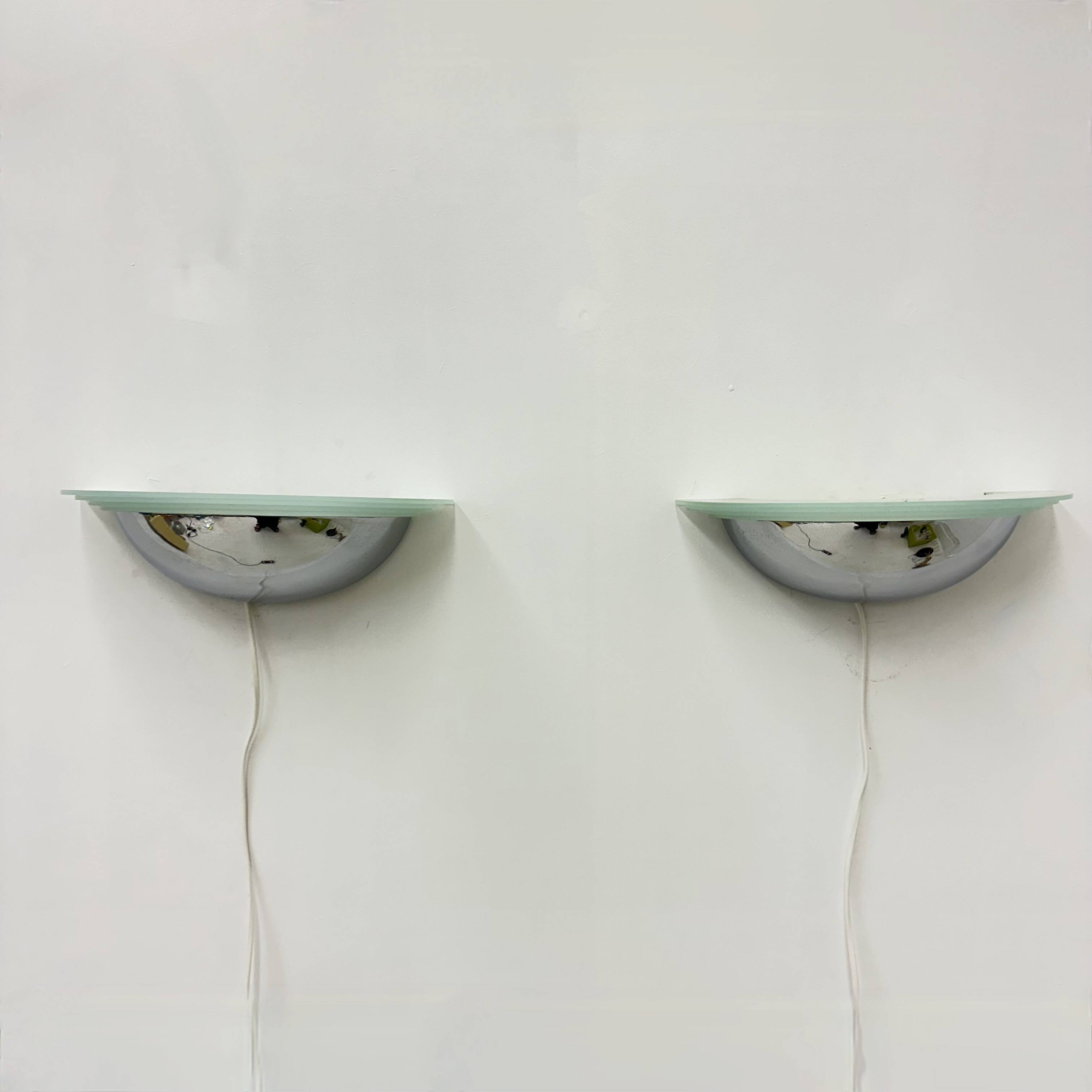 Pair of post modern wall lamps chrome and glass , 1980s