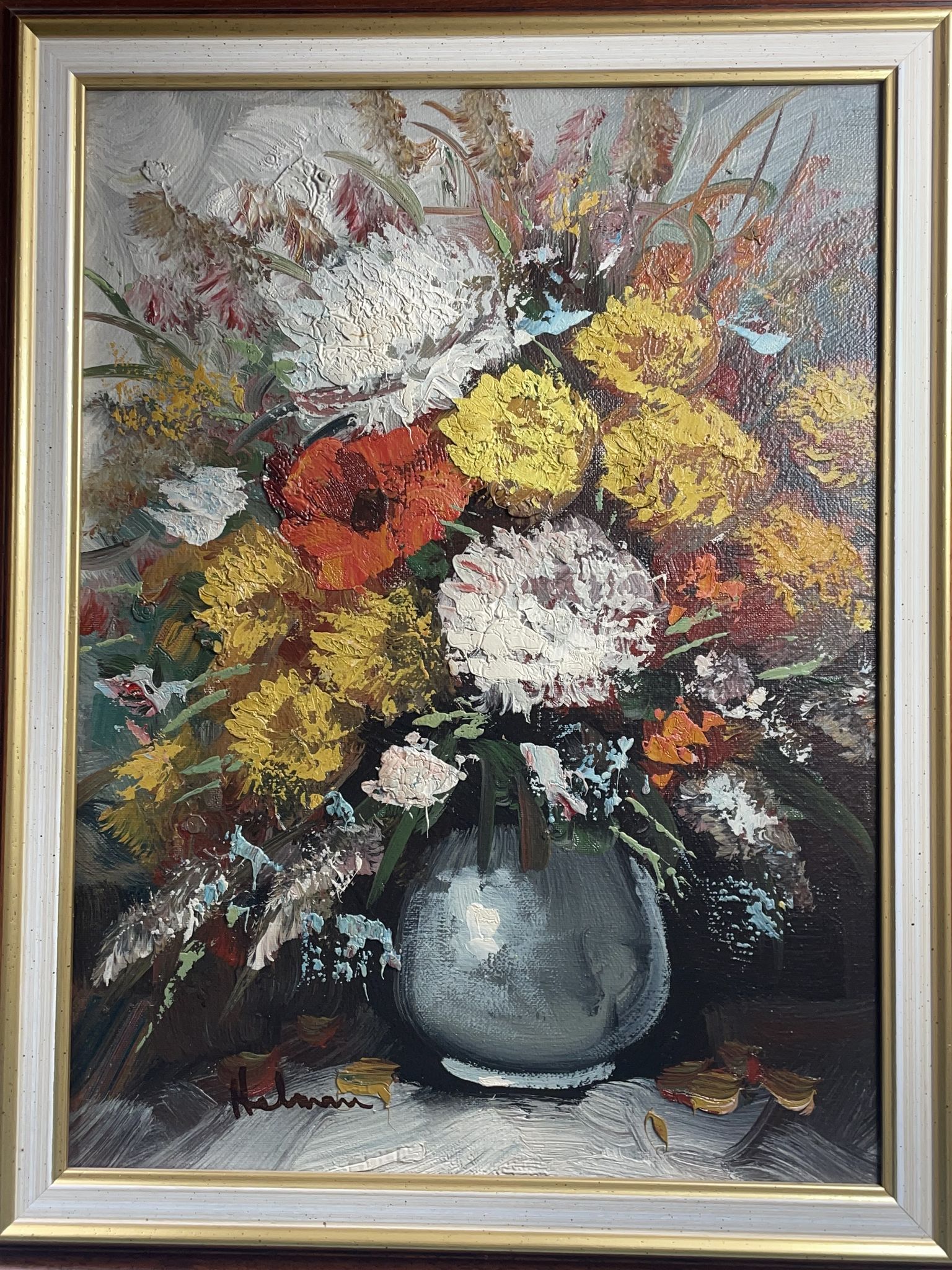 painting Oil on canvas Still life vase with bouquet of flowers, signed