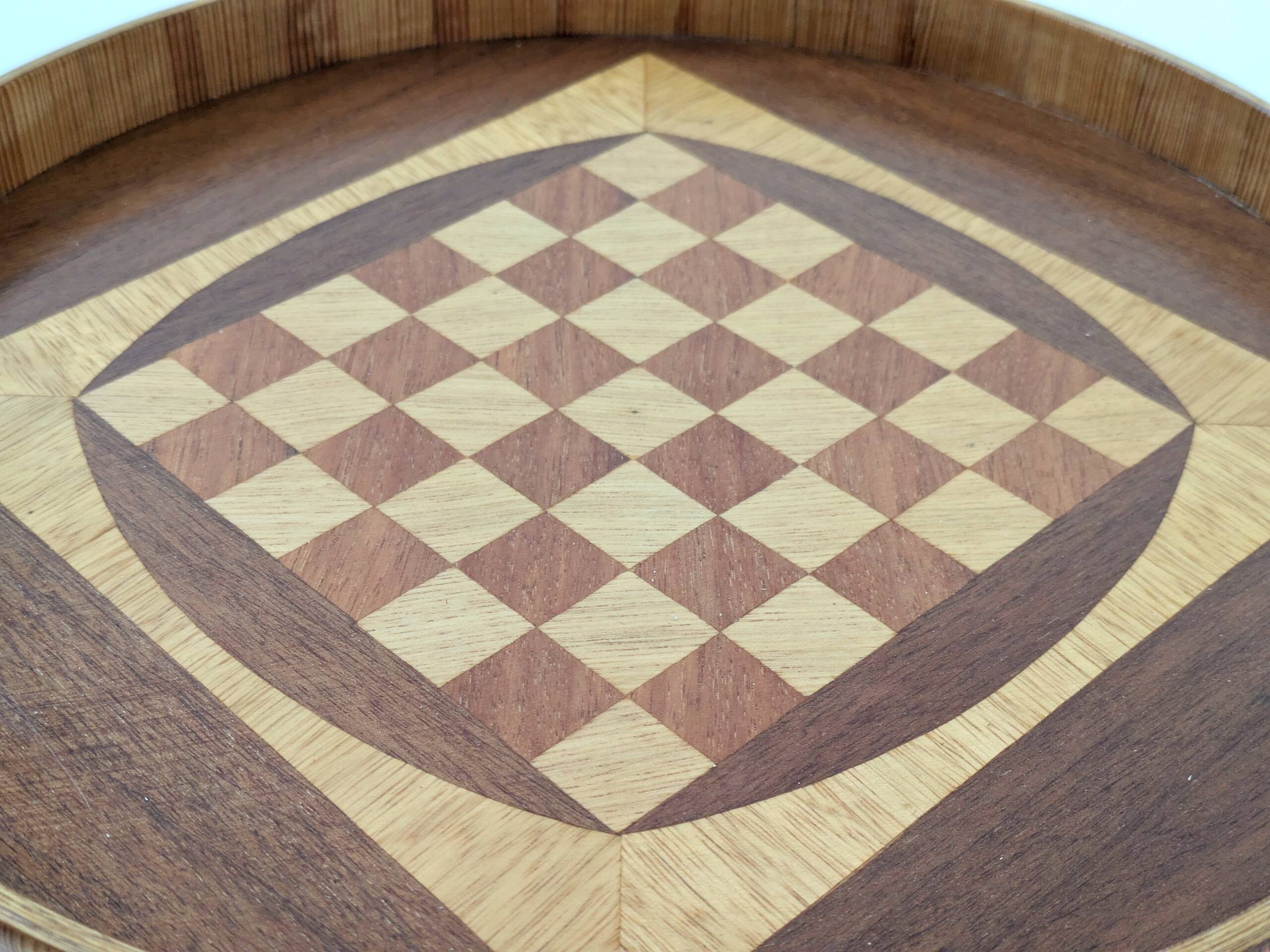 Round checkered tray in marquetry wood, vintage design from the 60s