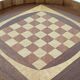Round checkered tray in marquetry wood, vintage design from the 60s
