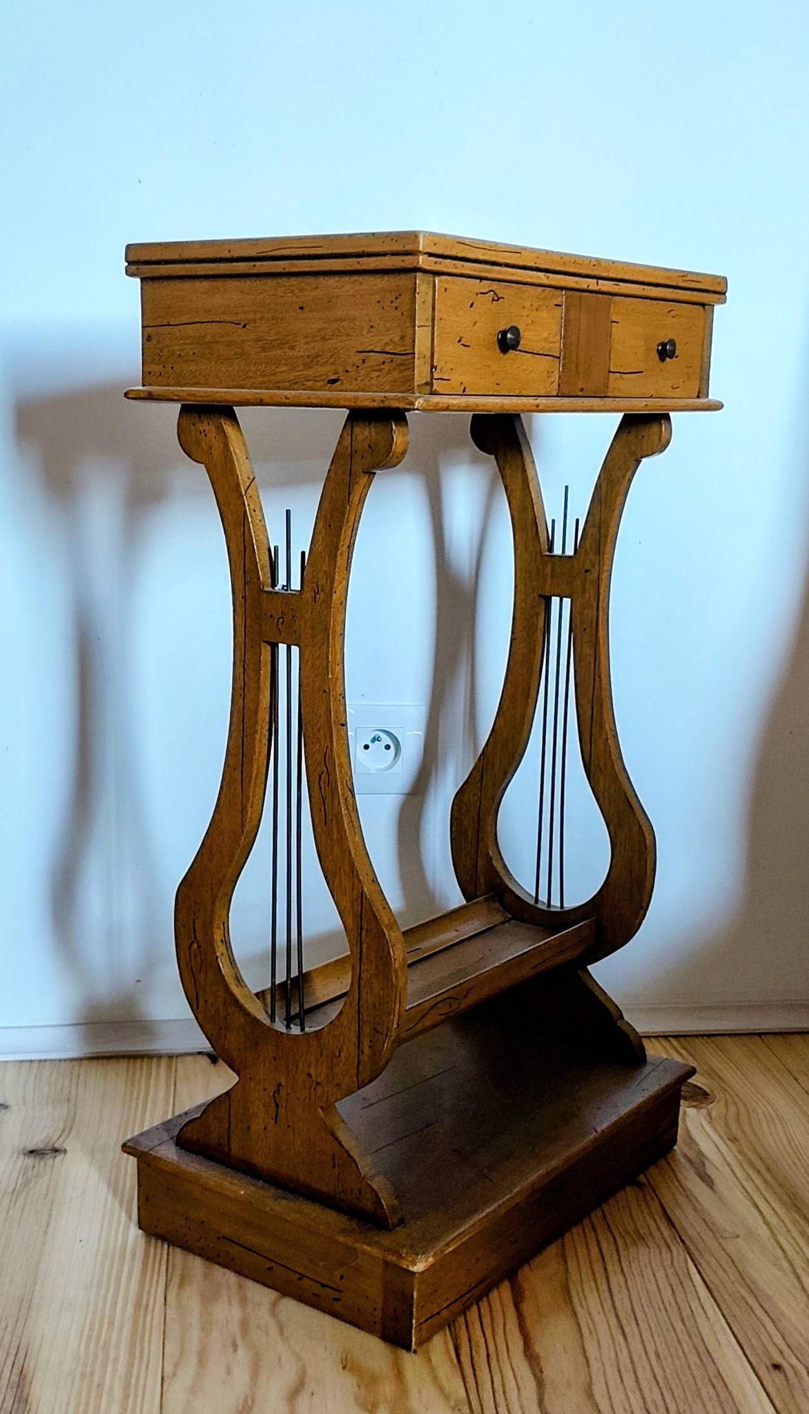 Lyre bedside table, cherry wood, 1960s.